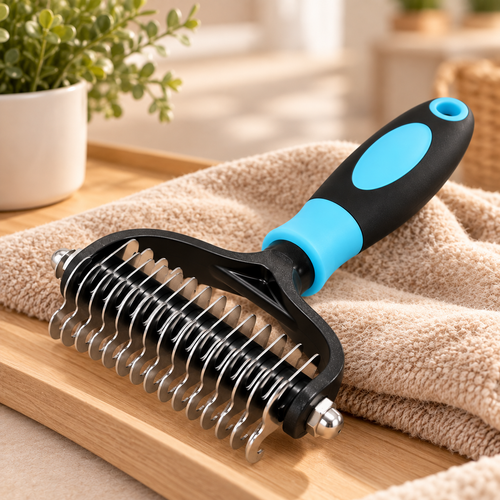 Blue and black dual-sided pet grooming rake