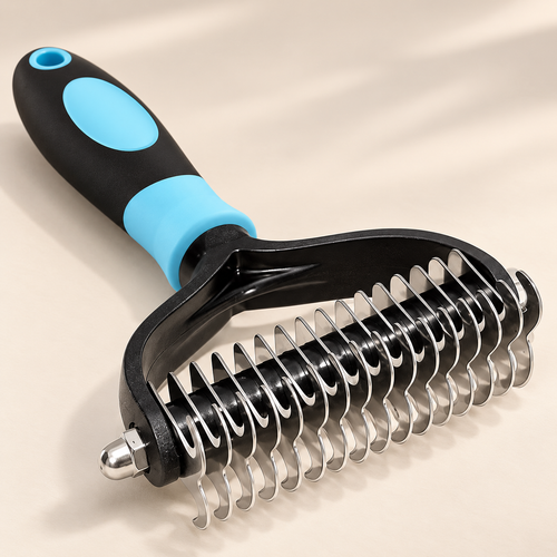 Cyan-accent stainless steel pet grooming rake